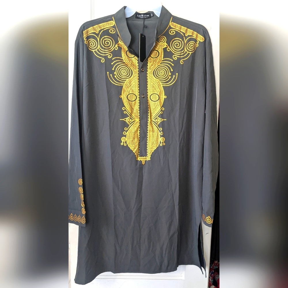 LucMatton Men's African Traditional Dashiki Luxury Metallic Gold Printed